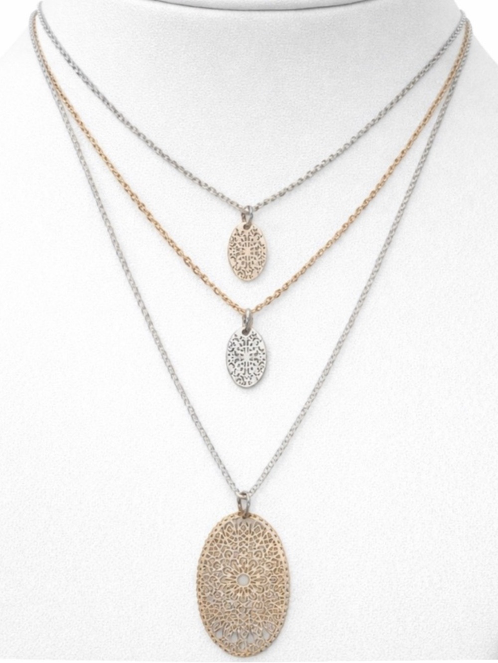 A New Day Triple Strand Filigree Discs Necklace (NWT)